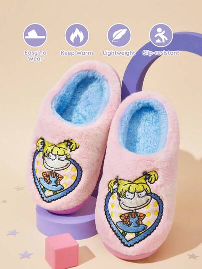 Nick 90s | SHEIN Cute Embroidery Cartoon Girls Pink Children's Non-Slip Indoor Slippers Toddlers & Kids Soft Plush Warm Winter House Shoes, Lightweight And Durable EVA Sole, Home Bedroom Air-Conditioned Room Spring, Autumn And Winter,Gift Ideas