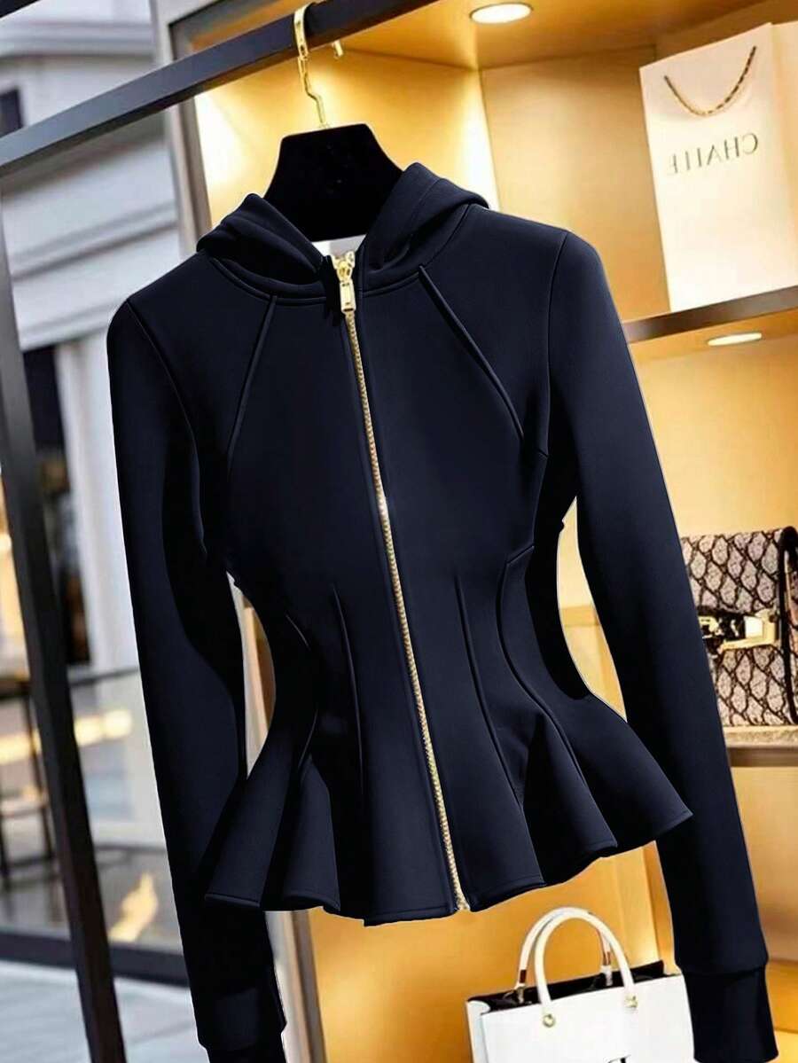 SHEIN Franclia 女士休闲拉链卫衣，收腰设计，秋季款 - 藏蓝色 - 查看 1