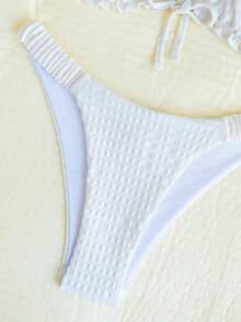 Swim Mod Textured Fabric Ruffles Front Tie Bow Waist Pleat Cute Sweet Fashionable Lively Party 2Pcs Bikini Set For Summer Beach Vacation - Beige - View 6