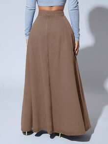 SHEIN SXY Chân váy denim dài thường ngày cài nút phía trước cạp cao cho nữ - Màu Khaki - Xem 3