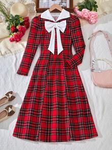 少女格子连衣裙，蝴蝶结装饰，长袖，收腰，时尚拼接领 - 彩色 - 查看 3