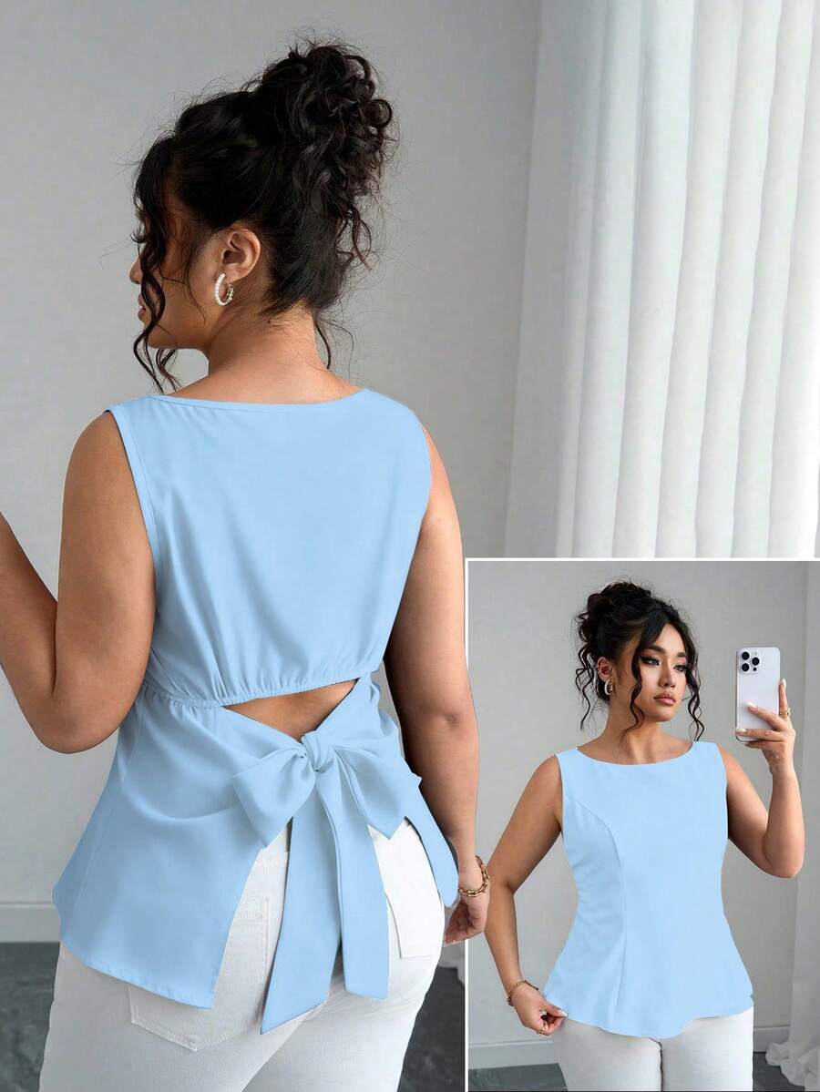Elenzga Plus Size Women Casual Solid Color Sleeveless Backless Blouse - Blue - View 1