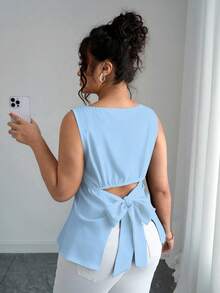 Elenzga Plus Size Women Casual Solid Color Sleeveless Backless Blouse - Blue - View 6