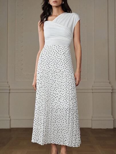 Aveloria Rosie Elegant Watercolor Polka Dot Pleated Maxi Skirt, Versatile For Work And Casual Wear, Autumn/Winter