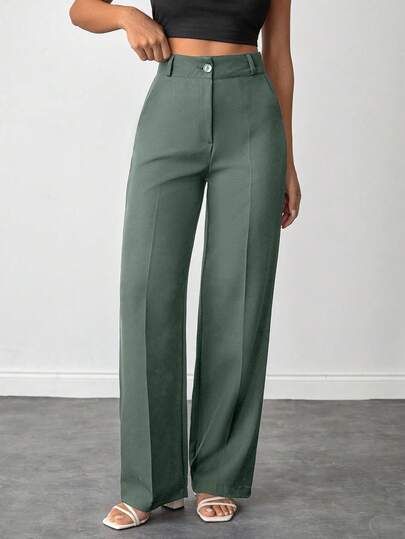 EURMUSE Petite Größe Damen einfarbige Hose mit hoher Taille und geradem Bein für den Alltag