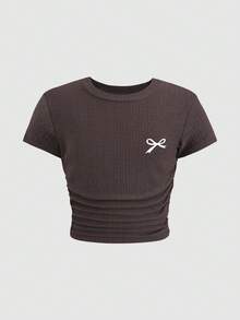 SHEIN 少女罗纹印花T恤和打底裤两件套，休闲日常时尚百搭