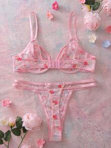 SHEIN Women's Floral Lace Comfortable Lingerie Set - Pink - View 5