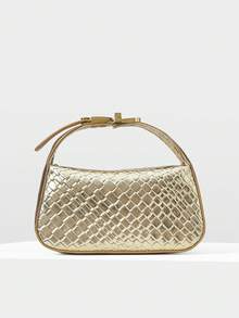 MOTF PREMIUM LADIES EXQUISITE WOVEN EMBOSSED MATERIAL HANDBAG WITH SMALL HARDWARE DECORATION DETAILS,NEW YEARS - Gold - View 2
