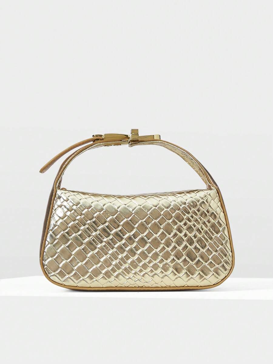 MOTF PREMIUM LADIES EXQUISITE WOVEN EMBOSSED MATERIAL HANDBAG WITH SMALL HARDWARE DECORATION DETAILS,NEW YEARS - Gold - View 2