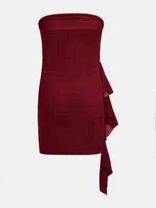 SHEIN Girlism 纯色针织荷叶边饰褶饰优雅时尚派对抹胸连衣裙，适合少女的新年夜服装 - 酒紅色 - 查看 2