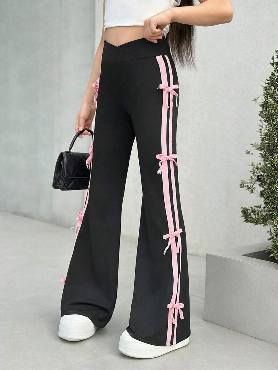 SHEIN Nova Glow Tween 女童侧条纹喇叭休闲裤,撞色丝带和蝴蝶结装饰,适合返校和日常穿着 - 黑色 - 查看 1