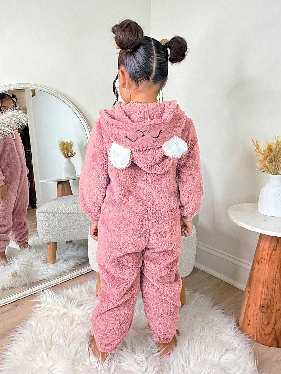 Young Girls' Casual Cute Daily & Holiday Embroidered Fleece Jumpsuit - Pink - View 1