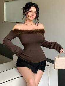 DAZY 女士优雅露肩毛绒毛衣，秋冬款 - 棕色 - 查看 3