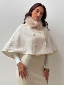 Aloruh 女士仿毛皮拼接高领双排扣羊毛混纺大衣，秋冬款 - 杏色 - 查看 6