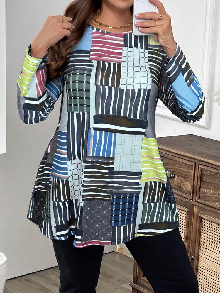 Plus Size Fall Curve Thanksgiving Women Women Casual Long Sleeve Striped Round Neck T-Shirt, Spring And Autumn Women Long Sleeve Church Top New Year Christmas