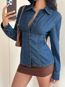 Siren Gaze 女士秋季长袖单排扣修身休闲牛仔衬衫 - 深色水洗藍 - 查看 2