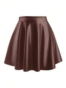Flirla Plus Size Women Solid Color PU Leather Mini Skirt - Brown - View 3