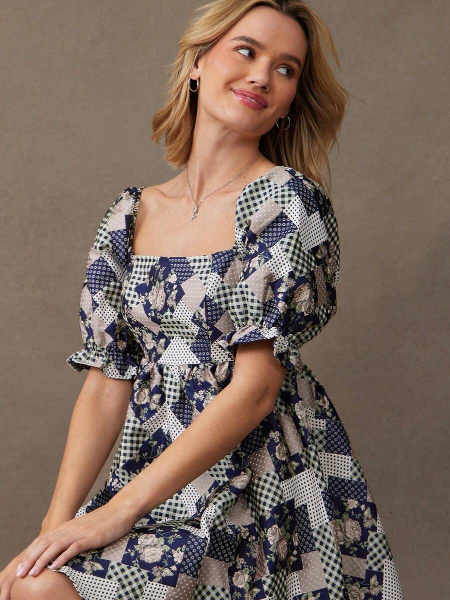 WESTFADE 花卉提花短款泡泡袖荷叶边迷你连衣裙，适合春季、度假、夏季、春假、节日、休闲、可爱、波西米亚风、纳什维尔乡村音乐会、西部牛仔风等场合。 - 彩色 - 查看 1