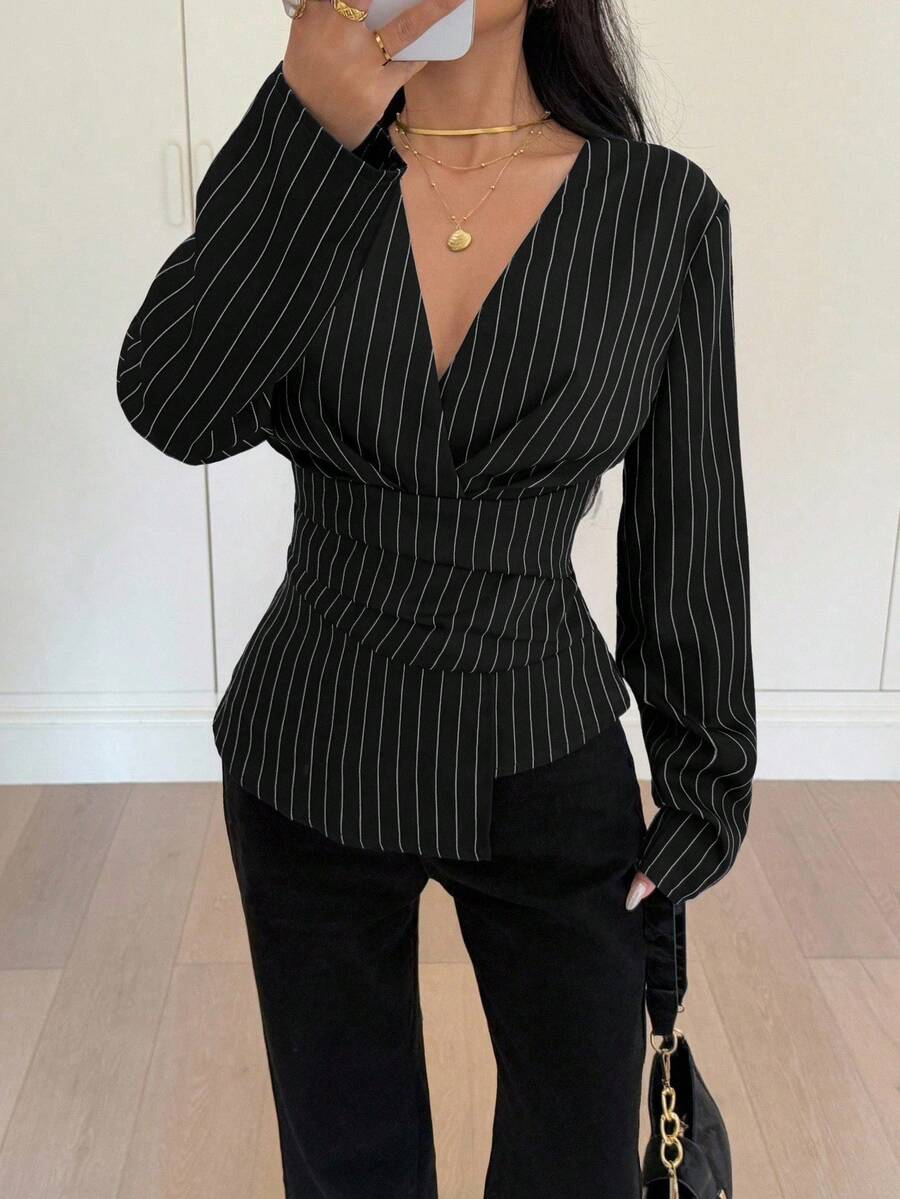 Siren Gaze Women's Striped Waist Cinching Long Sleeve Shirt, Autumn/Winter Black Business Casual Top Office Blouse Women Blouses Elegant Spring - Black - View 1