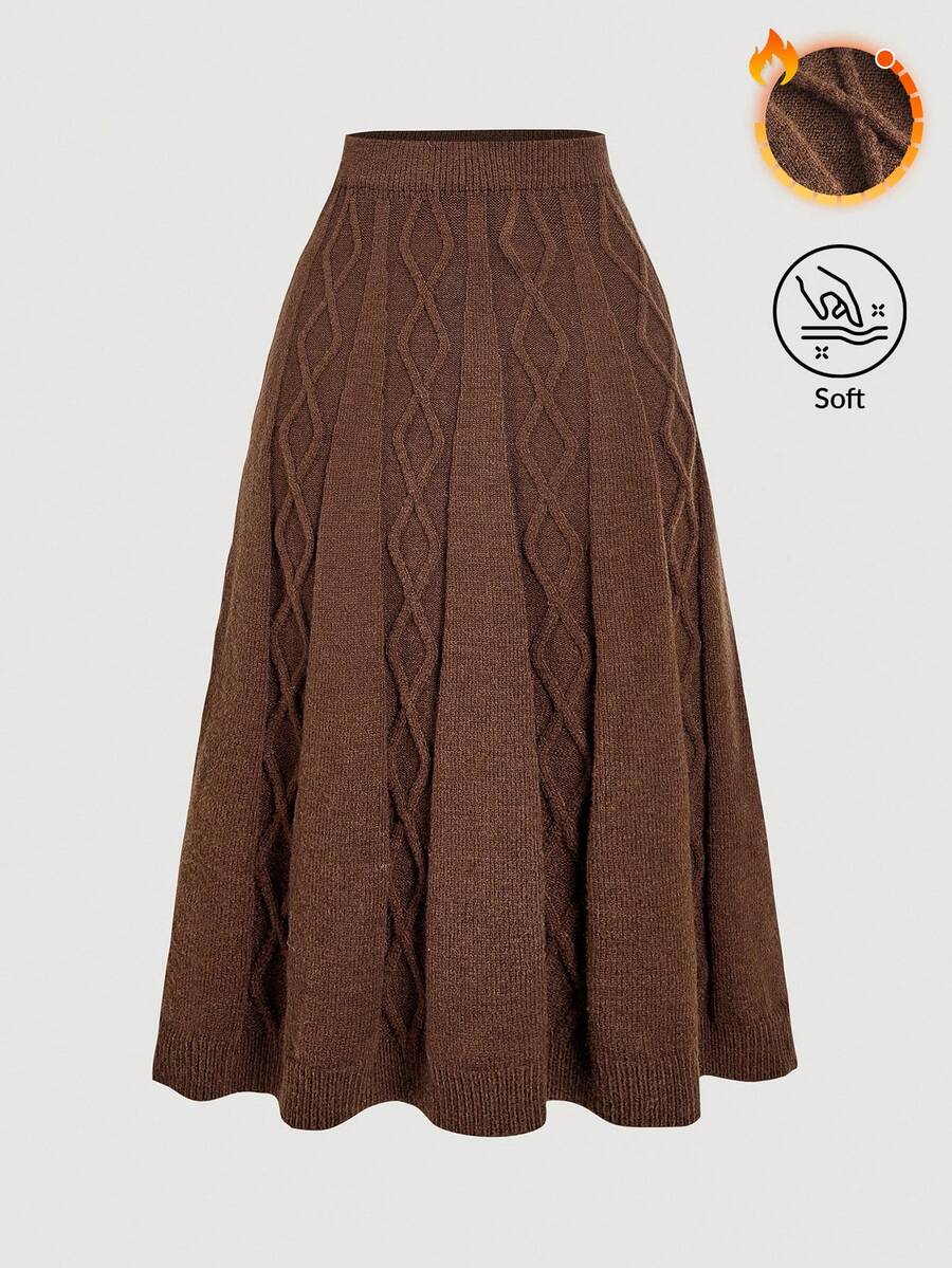 SHEIN MOD High Waist Cable Knit Coffee Color Versatile Skirt, Autumn/Winter, High-Waisted, Linen Pattern, Coffee Color, Autumn And Winter Woolen Fabric, Versatile Skirt, Fall, Boho Skirt, Elastic, A-Line, Umbrella Hem, Knitted Long Skirt, Retro, Vintage - Coffee Brown - View 1