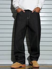 PAVTROS Casual Street Style Black Loose Straight Leg Jeans, Autumn/Winter Mens Graphic Jeans Graphic Baggy Jeans - Black - View 2