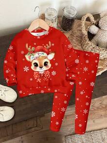一套女婴休闲安哥拉红色圣诞快乐可爱童话驯鹿插画印花圣诞前夜卫衣和打底裤，柔软厚实的圆领长袖套头衫和修身长裤，适合秋冬季穿着。 - 彩色 - 查看 2