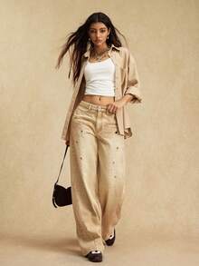Easelle Quần jeans ống rộng dáng rộng thiết kế gợi cảm dành cho nữ, phong cách thoải mái - Màu Khaki - Xem 6