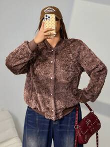 SHEIN EZwear 复古拼色蓬松厚款休闲大码棒球夹克外套，秋冬 - 棕色 - 查看 6