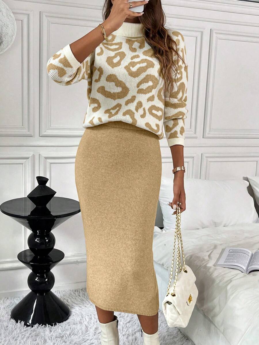 SHEIN LUNE 2pcs/Set Sweater Rajut Wanita Motif Leopard & Polos Kerah Tinggi Elegan Nyaman Pas Badan, Musim Gugur/Dingin - Khaki - View 1