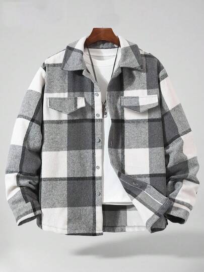 SHEIN Vacaura Teenage Boys' Fashionable Outdoor Sports Casual Thick Long Sleeve Plaid Flannel Shacket, Autumn/Winter