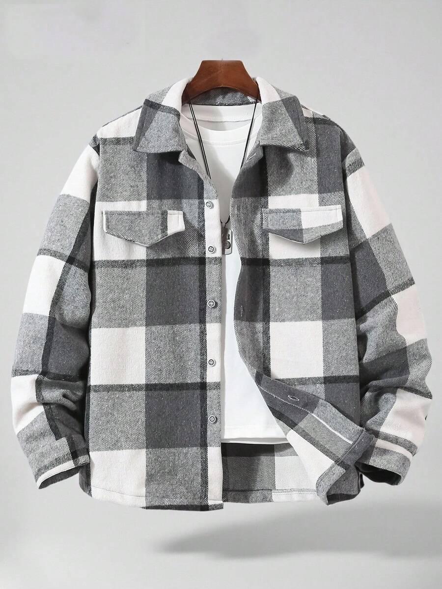 SHEIN Vacaura Teenage Boys' Fashionable Outdoor Sports Casual Thick Long Sleeve Plaid Flannel Shacket, Autumn/Winter