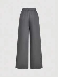 SHEIN MOD 2pcs Vintage Lace-Up Decor Long Sleeve Top And Wide Leg Pants Suit Set,Fall - Grey - View 5