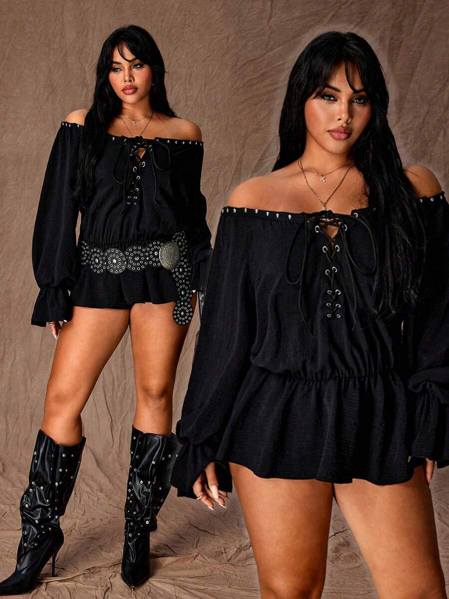 Rustia Blusa de encaje con ojales y cordones, talla grande, hombros descubiertos - Negro - Ver 1