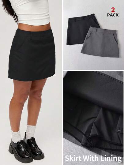 SHEIN BASICS مجموعة من 2 قطع تنورة قصيرة نسائية منخفضة الخصر من لون أحادي بتصميم بسيط