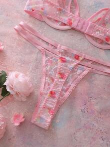 SHEIN Women's Floral Lace Comfortable Lingerie Set - Pink - View 8