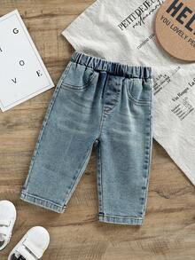 SHEIN Vintaside Kids 2 件套男婴儿童长牛仔裤，适合家庭出游、户外等场合，男童秋季服装，百搭款式，3 个月至 3 岁儿童 - 彩色 - 查看 4