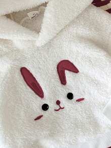 SHEIN 2pcs Baby Girls Rabbit Embroidery Hoodie Sweatshirt With Rabbit Ears And White Striped Fuzzy Trim Pants Set, Fashionable And Cute - Red - View 3