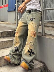 ROMWE MEN Men's Loose Fit Embroidered Patch Denim Jeans - Camel - View 4