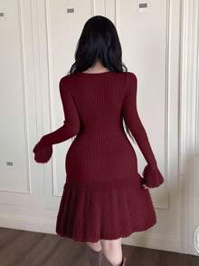 Feyla 秋冬季毛绒拼接刺绣女式毛衣连衣裙 - 酒紅色 - 查看 5