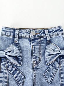 Girls' Flare Jeans,Blue Summer Back-To-School Lightweight Washed Denim,Cute Bow Decor,Comfortable Cotton,Casual&Versatile For Daily Wear,Party,Travel - Medium Wash - View 7