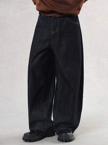 DAZY 男士字母印花刺绣设计原色藏蓝色牛仔裤，秋季款 - 黑色 - 查看 4