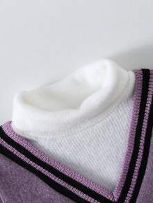 SHEIN 男婴V领二合一针织毛衣，高领针织套头衫，适合秋冬季 - 紫色 - 查看 4