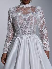 Elitara 加大码优雅浪漫奢华白色串珠刺绣缎面立领奢华亮片和亮片贴花透明长袖褶饰超宽下摆连衣裙，适合度假、蜜月、晚会、婚礼 - 白色 - 查看 7