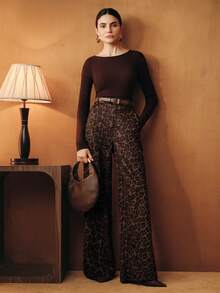 Anewsta Petite New Fashionable Leopard Print Stretch Straight-Leg Pants For Petite Women - Coffee Brown - View 7