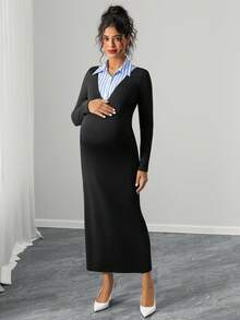 SHEIN 孕妇蓝白格子衬衫领开襟开衩下摆优雅连衣裙，秋冬款 - 黑色 - 查看 7