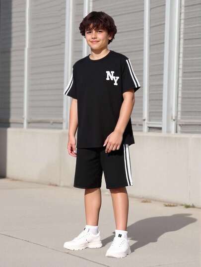 Vacaura 2件套儿童纯色简约圆领短袖撞色套装，面料舒适，修身剪裁，春季新款，百搭颜色，适合多种场合