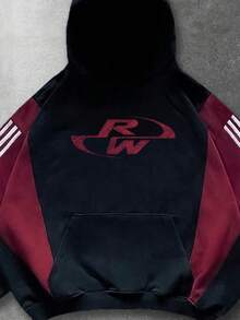 ROMWE MEN Casual Men's Patchwork Contrast Color Hoodie, Loose Cropped Style - Black - View 3