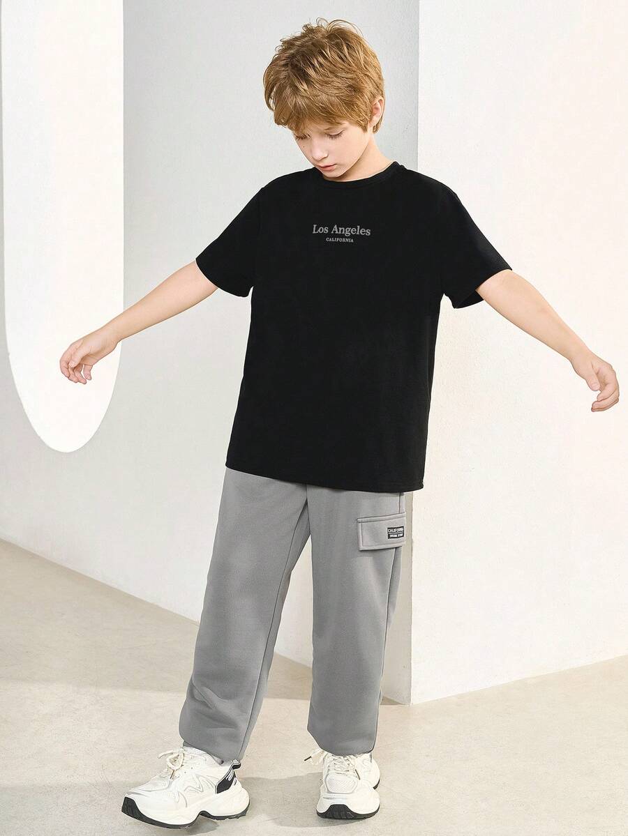 SHEIN Bộ 2 áo thun cổ tròn tay ngắn in chữ và quần short thường ngày cho bé trai tuổi teen - Xám - Xem 1