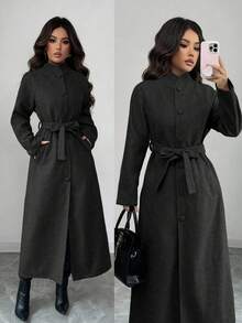 SHEIN Elenzya 女士加厚面料立领插肩袖腰部抽绳设计优雅教师/学生外套，生日礼物、约会、派对、独立日、网络星期一、万圣节、双十一、返校派对 - 黑色 - 查看 1