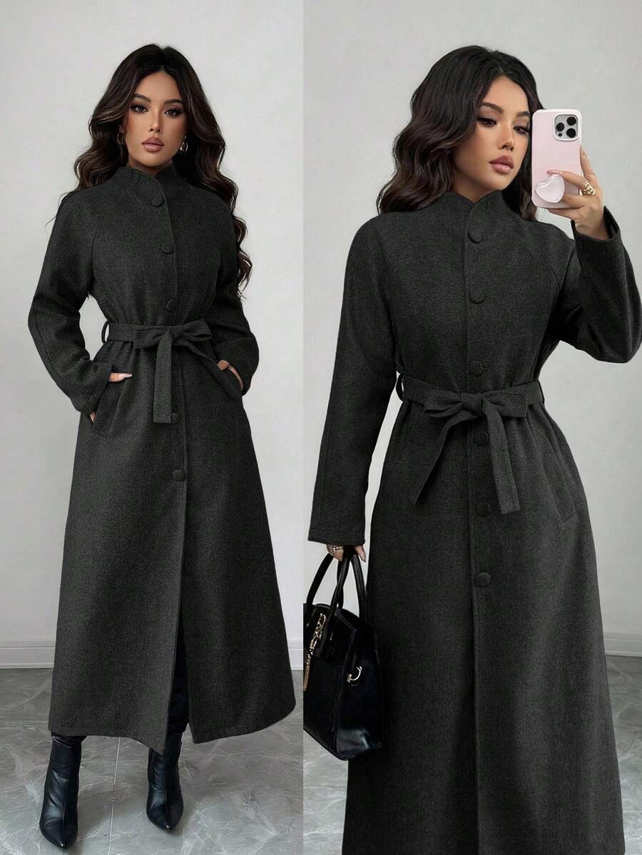 SHEIN Elenzya 女士加厚面料立领插肩袖腰部抽绳设计优雅教师/学生外套，生日礼物、约会、派对、独立日、网络星期一、万圣节、双十一、返校派对 - 黑色 - 查看 1